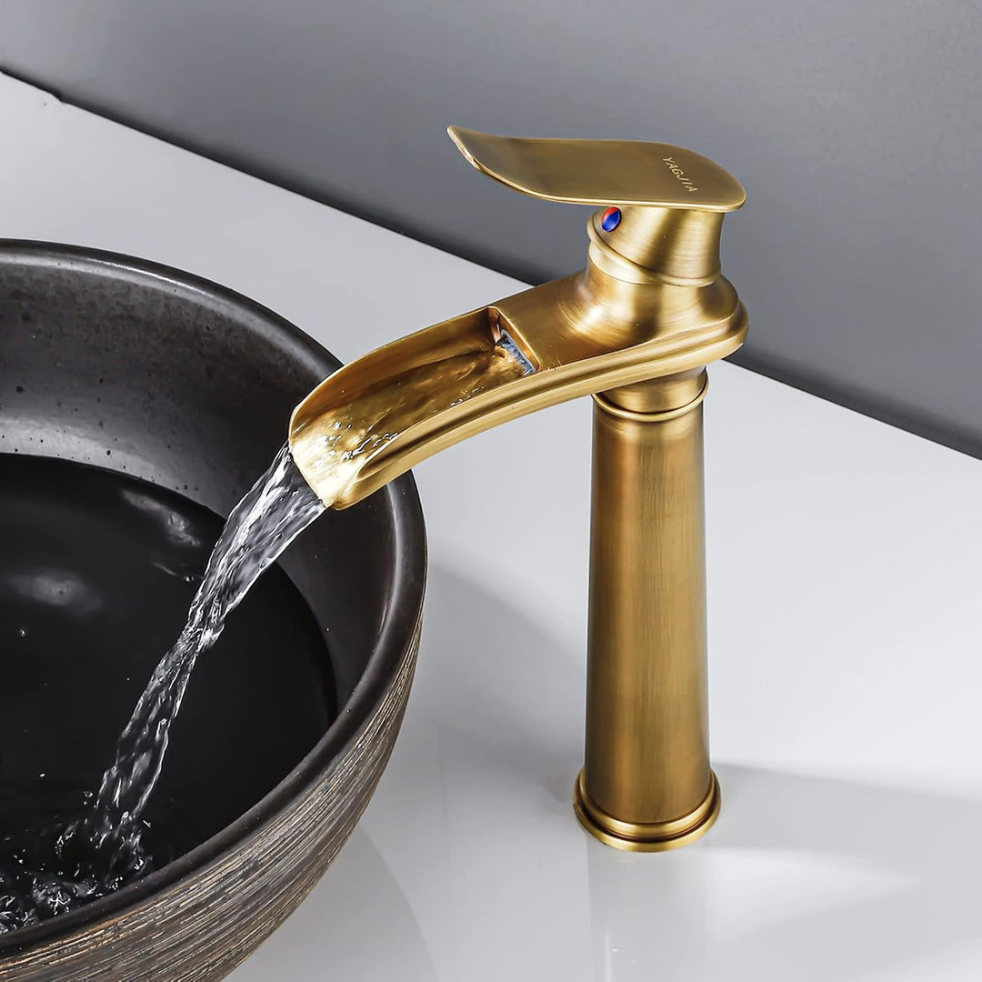 YAGJIA Wasserhahn Bad Hoch Antik, Waschtischarmatur Wasserfall Retro, Waschbecken Armaturen Messing,