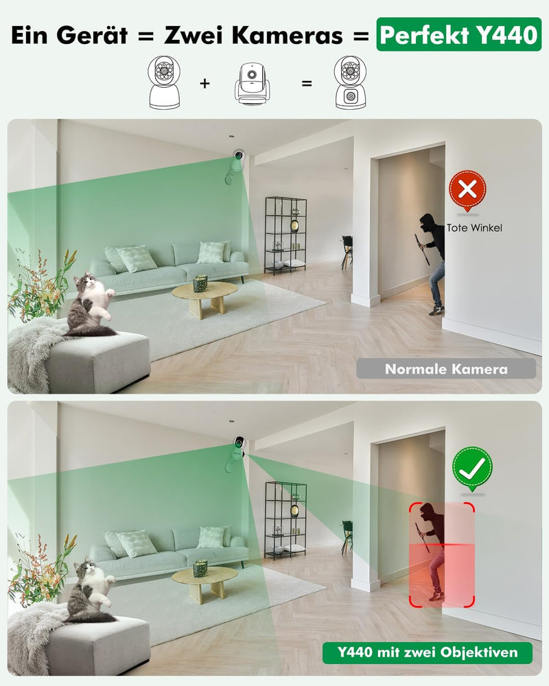 YESYAMO Überwachungskamera Innen mit 4MP Doppelobjektiv, 360° PTZ Kamera Indoor, Duale Ansicht, 5Ghz