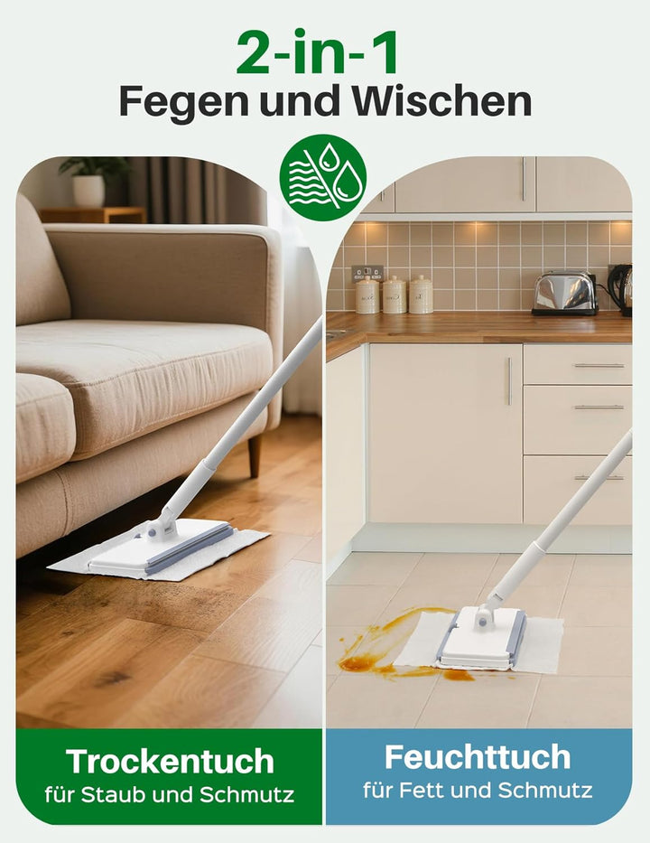 LyriFine Bodenwischer Set 2-in-1, Trocken- und Nasswischmopp mit One-Touch Abwurf, 1s Pad-Befestigun
