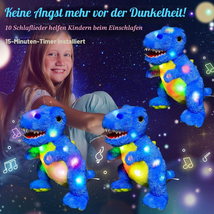 Blau Dinosaurier LED Musikalisches Plüschtier mit Leuchtend Singender T-Rex Schlaflied, Dino Kuschel