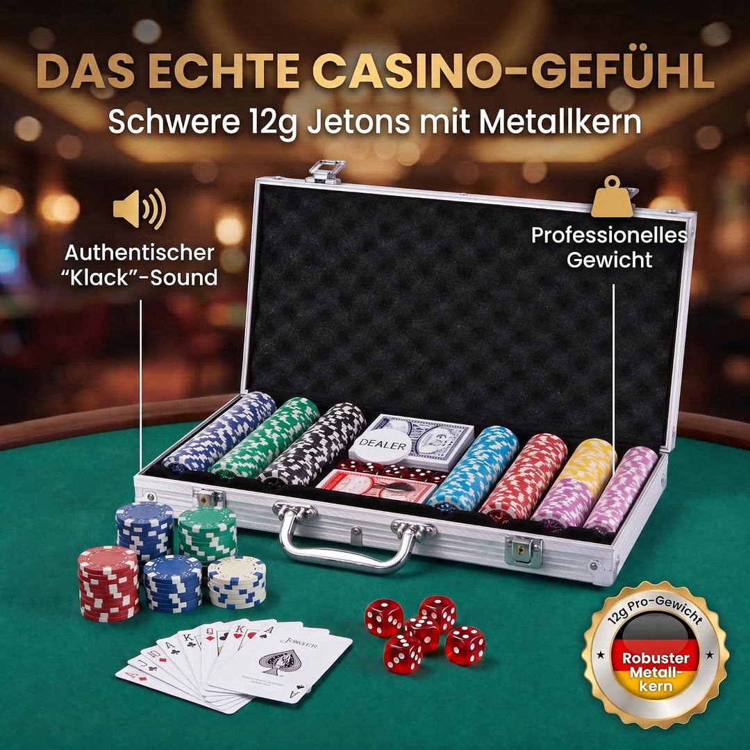 Profi Pokerkoffer Pokerset inkl. 300-500 schwerer 12g Metallkern Poker-Chips; Pokerdeck, Pokerkarten