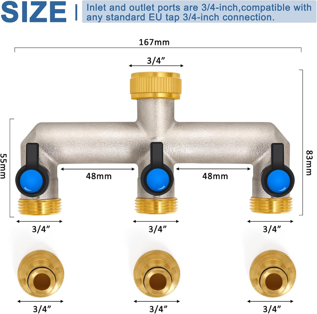 3-Wege Wasserhahn Wasserverteiler aus Messing für 3 Geräte/Gartenschläuche, 3er Verteiler 3/4" Adapt