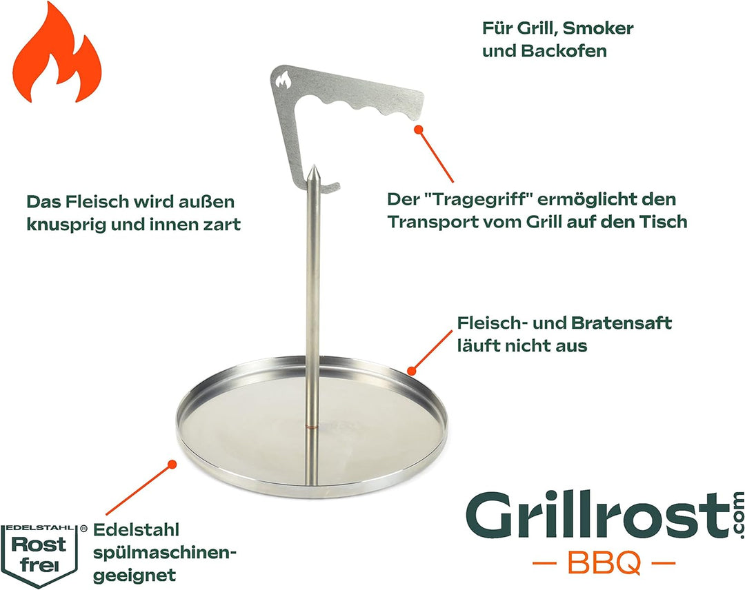 Grillrost.com Das Original Edelstahl Spiessturm mit Wanne - für Grill Smoker und Backofen