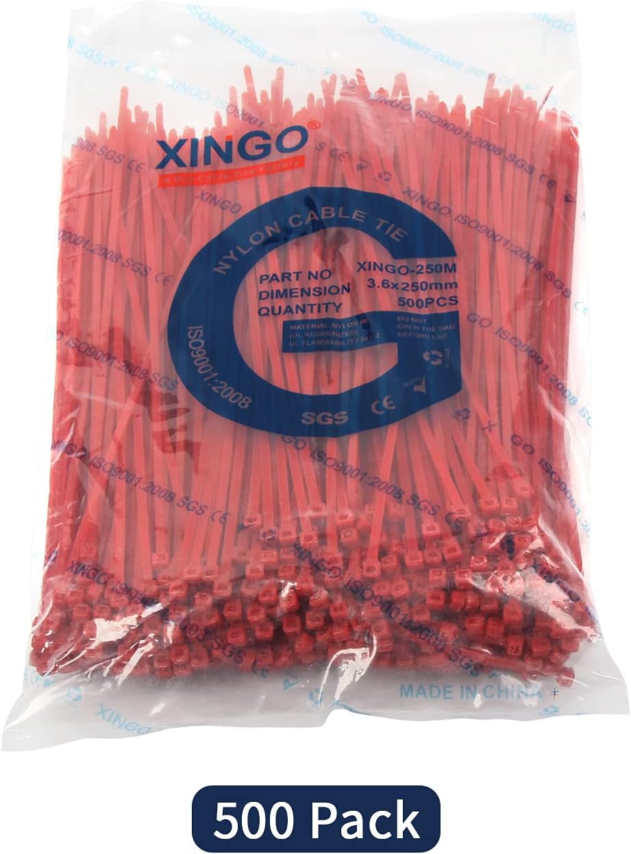 XINGO 500 Stück Kabelbinder Rot, 250mm x 3.6mm, 18,2 kg Zugfestigkeit, UV-beständig, Selbstsichernde