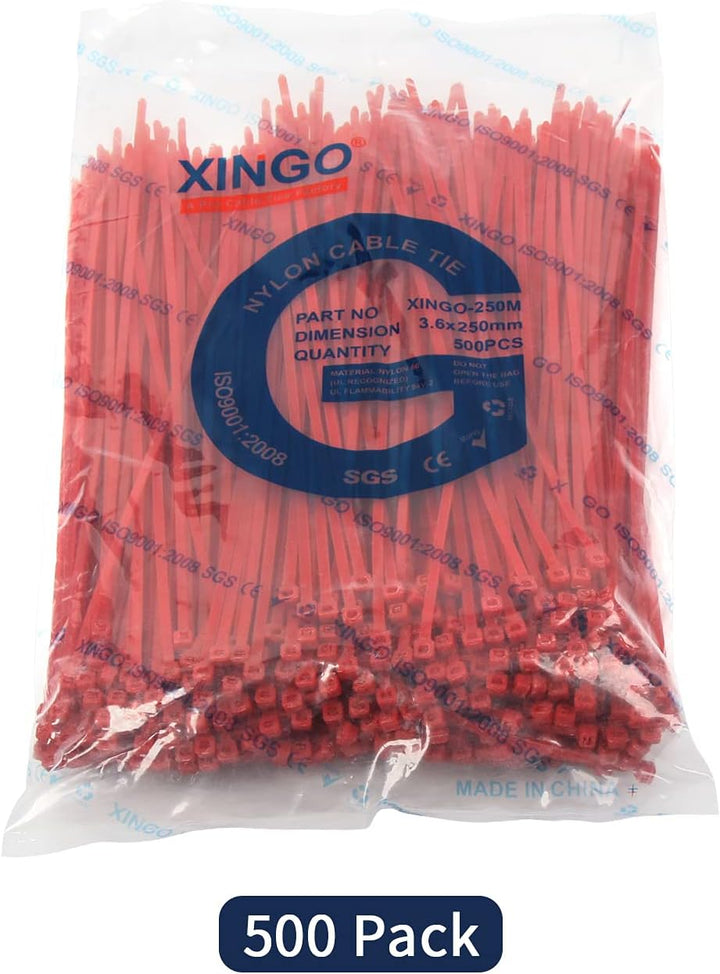 XINGO 500 Stück Kabelbinder Rot, 250mm x 3.6mm, 18,2 kg Zugfestigkeit, UV-beständig, Selbstsichernde