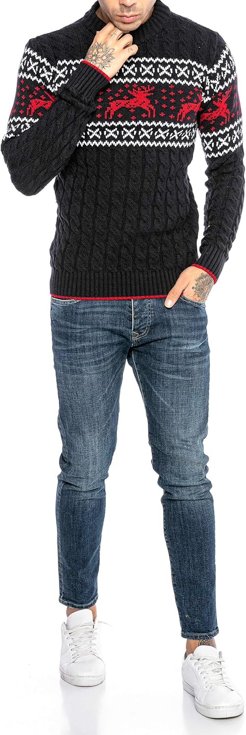 Red Bridge Herren Strickpullover Norweger Pullover Slim-Fit Plait Reindeer S Blau, S Blau