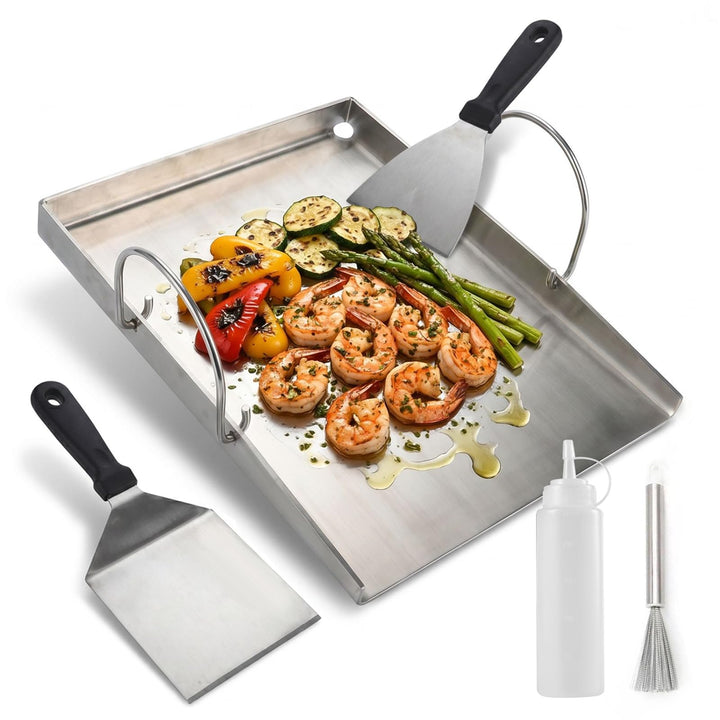 5 Set Plancha Grillplatte - Edelstahl Grillplatte - 2 Grillspachteln &amp; Ölflasche - 30x40 cm Plancha