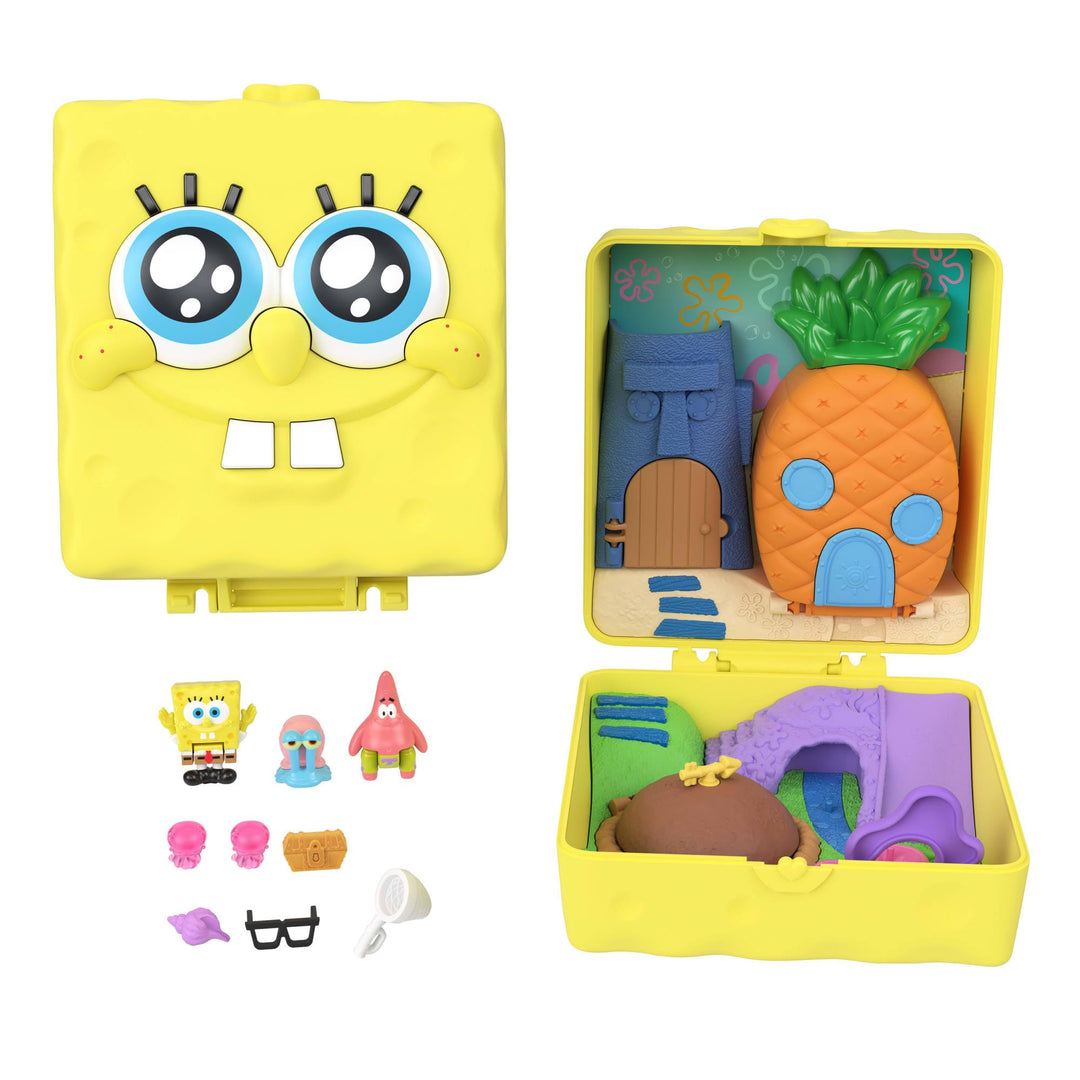 Polly Pocket x Spongebob Partnership-Schatulle, Micro-Puppen Spongebob und Patrick und Spielset, 7 Z