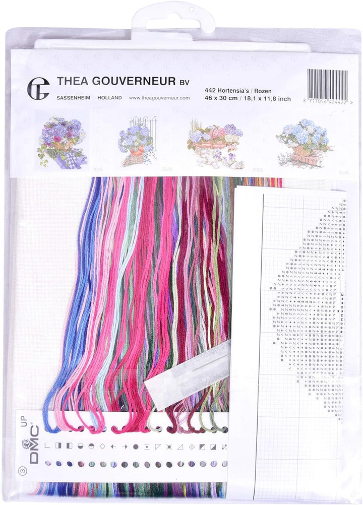 Thea Gouverneur - Kreuzstich-Set - Hortensie & Rose - Aida - 16 Count - Für Erwachsene - 442A