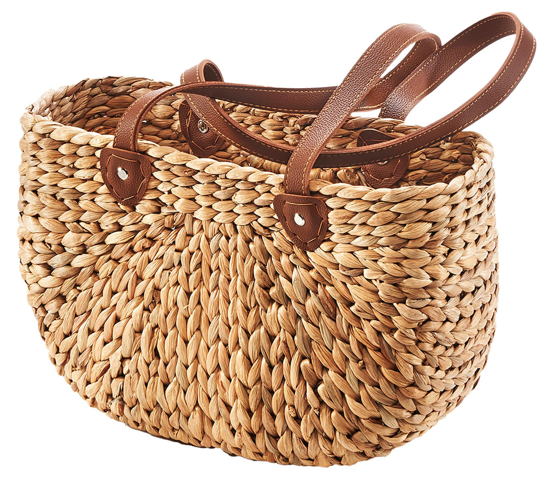 Kobolo Tasche Wasserhyazinthe, 43x16x26 cm, braune, geflochtene Henkeltasche mit robusten Kunstleder