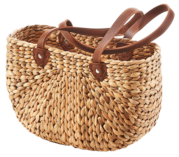 Kobolo Tasche Wasserhyazinthe, 43x16x26 cm, braune, geflochtene Henkeltasche mit robusten Kunstleder