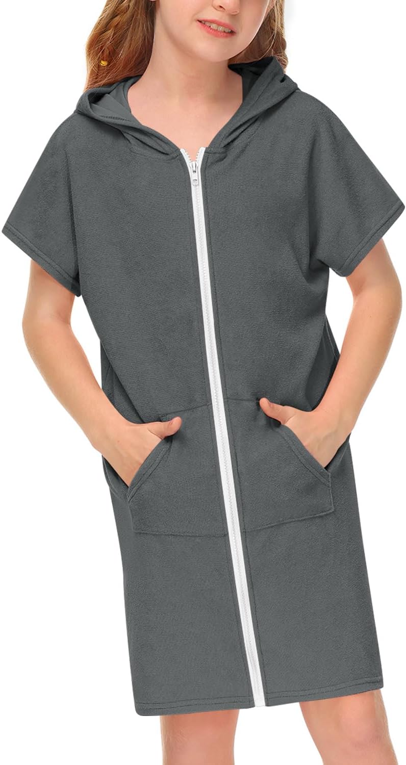 BesserBay Mädchen Badeponcho Kapuze Poncho mit Taschen Zip Cover Up Kinder Unisex 120-160 140 Dunkel