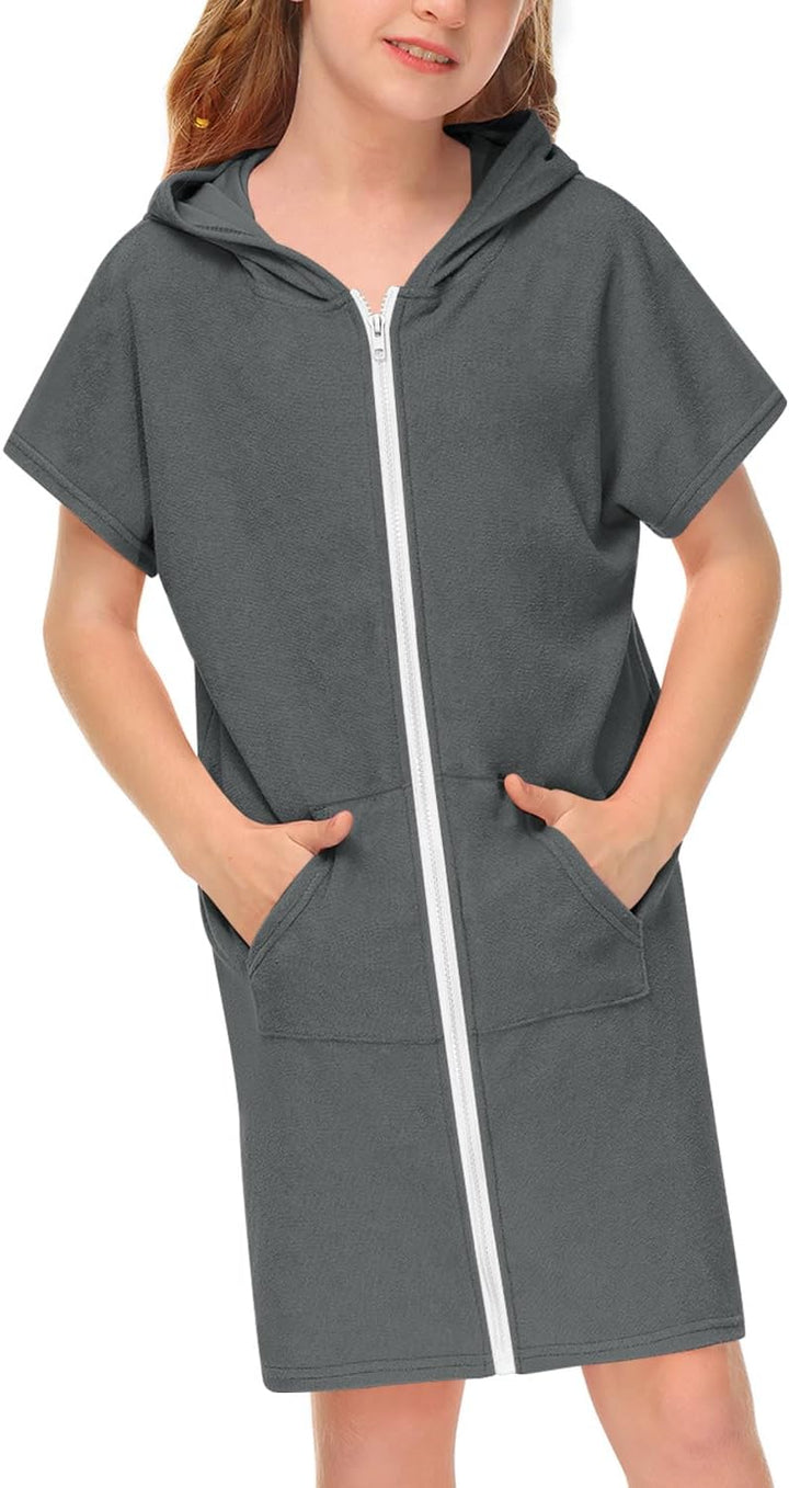 BesserBay Mädchen Badeponcho Kapuze Poncho mit Taschen Zip Cover Up Kinder Unisex 120-160 140 Dunkel