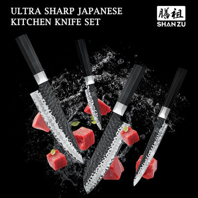 SHAN ZU Japanisches Messerset 7 teilig, Kochmesser Küchenmesser Set mit Block, 7 Schichten 9Cr18MoV-