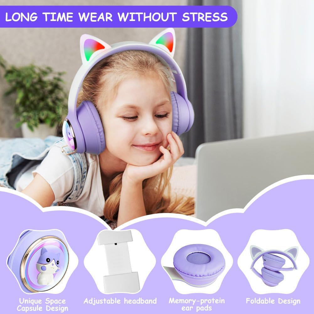 AXFEE Kinder-Kopfhörer, 5.3 Bluetooth Over-Ear mit LED-Leuchten, Lautstärke Begrenzt 105 dB, Stereo
