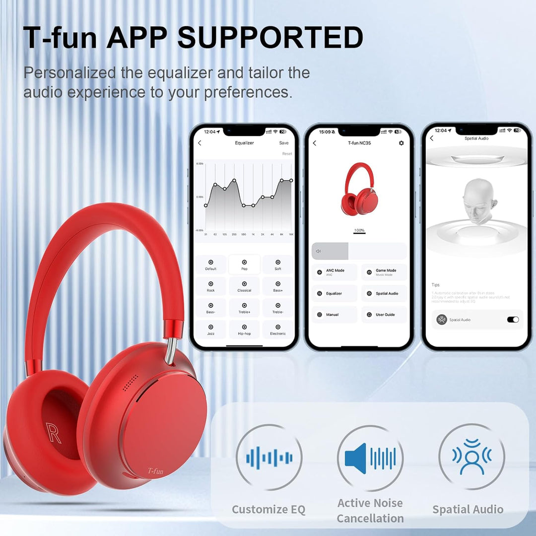 T-fun NC35 Hybrid Kopfhörer mit Aktiver Geräuschunterdrückung,Kabellose Over-Ear mit Räumlichem Klan