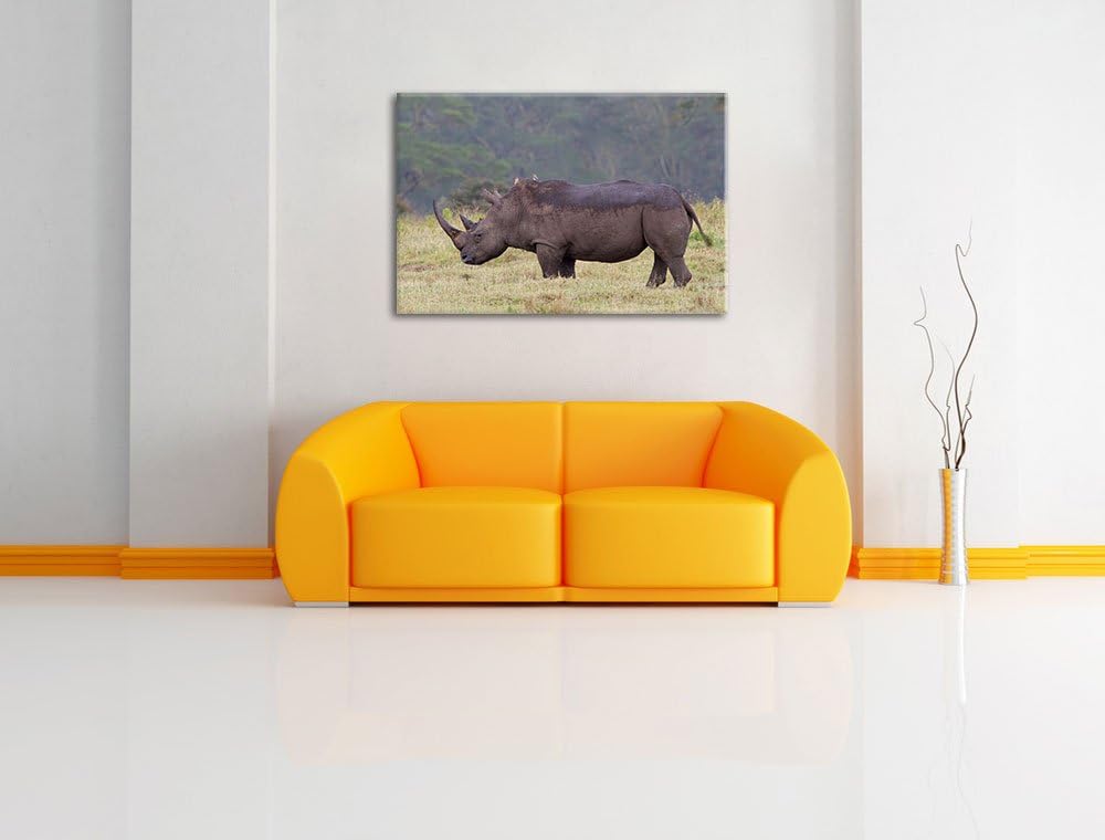 grosses Nashorn in der Savanne Leinwand, XXL riesige Bilder fertig gerahmt mit Keilrahmen, Kunstdruc