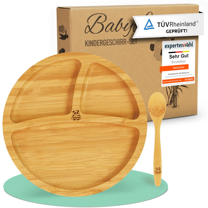 Bambus Kinderteller | TÜV Geprüfter Baby Teller mit Saugnapf & Esslernbesteck | BLW Beikost Zubehör