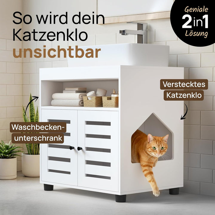 Katzenschrank für Katzenklo – Stilvoller Waschbeckenunterschrank/Katzenmöbel mit flexiblem Einstieg