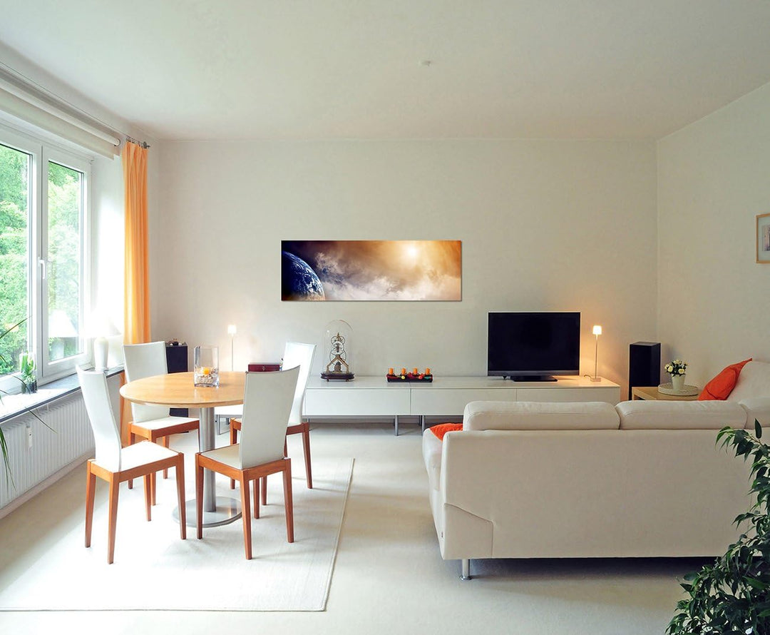 Paul Sinus Art Panoramabild auf Leinwand und Keilrahmen 150x50cm Weltall Planet Erde Wolken Dunst