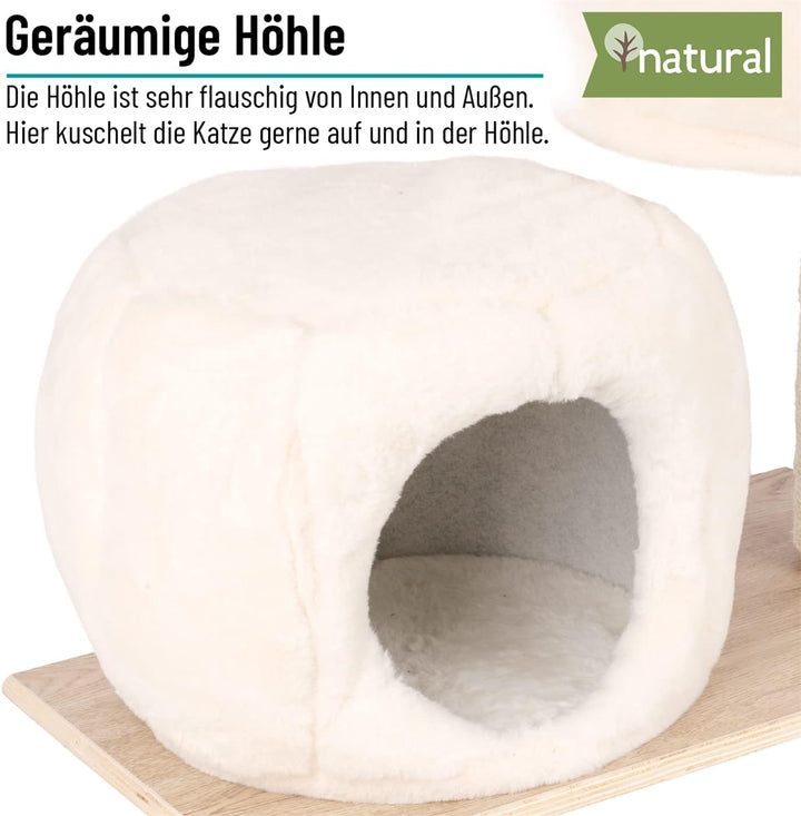 VOSS.pet Flauschiges Katzenhaus Mary 42cm, Premium Kratzbaum mit Naturholz vom Tanoak Baum, Kletterb