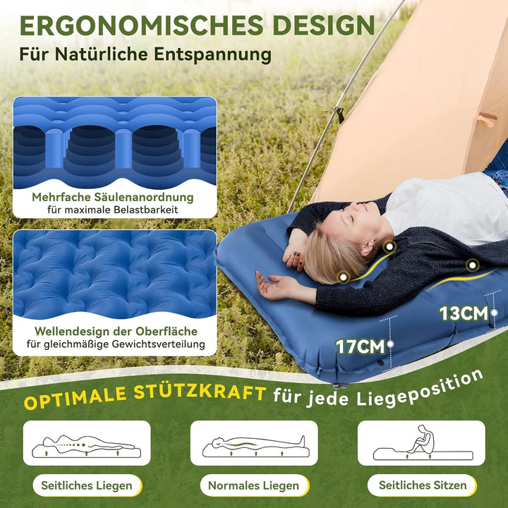 HIKENTURE Camping Isomatte, 13CM Ultradicke Isomatte Camping mit Kissen, Aufblasbare Luftmatratze Kl