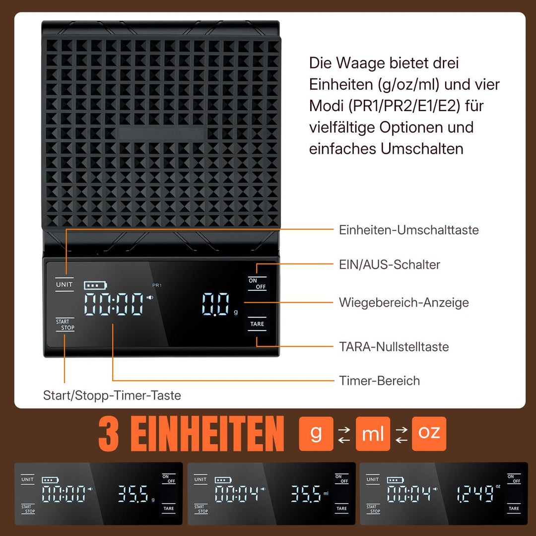 Wigearss Kaffeewaage mit Timer 5kg/0.1g, Espresso Waage Hochpräzise für Espresso und Pour-Over