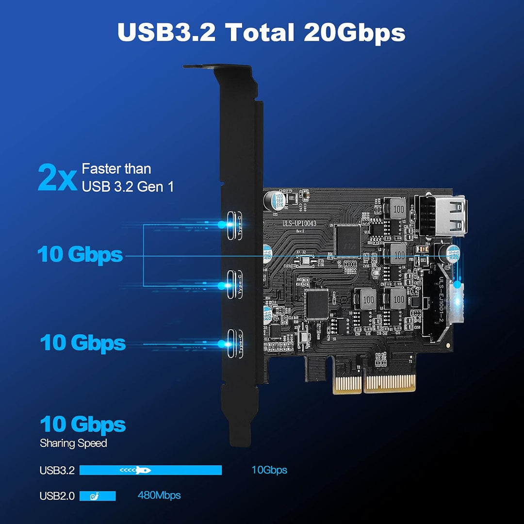 USB C PCIe-Erweiterungskarte 5 Anschlüsse, PCIe 4X to USB 3.2 gen2 10 Gpbs mit 3 USB C & 2 internen