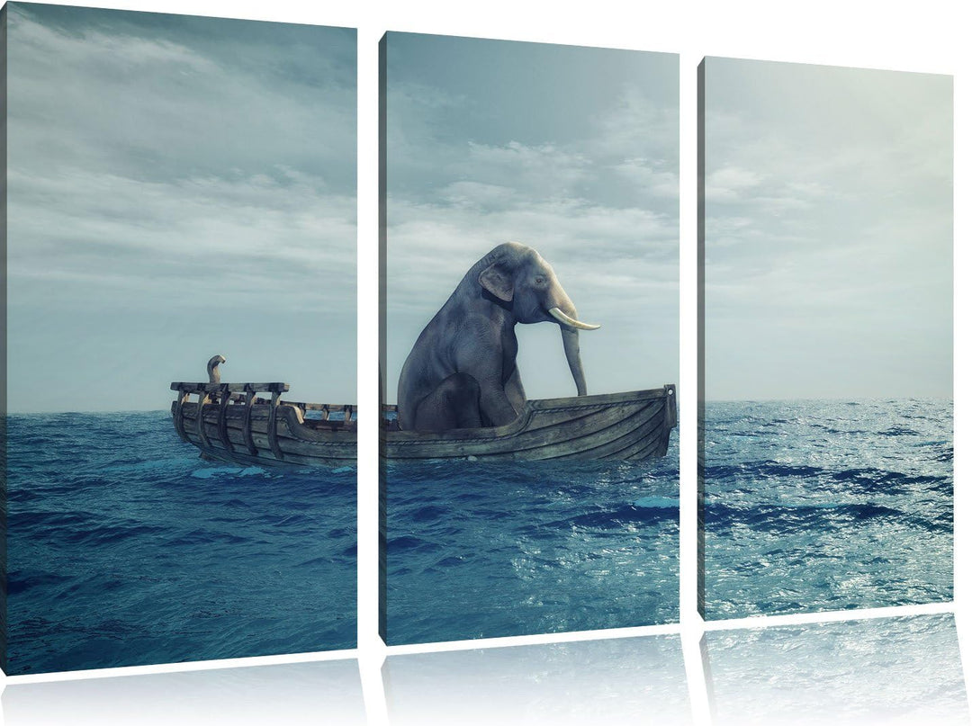 Pixxprint lustig sitzender Elefant im Boot als Leinwandbild - Grösse: 3-Teilig (120x80cm) - Wandbild