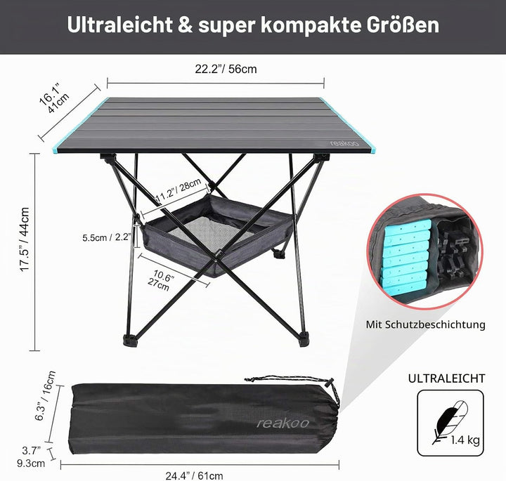 reakoo Campingtisch Klappbar mit Aluminium-Tischplatte, Ultraleicht, kompakt, Campingtisch Faltbar m