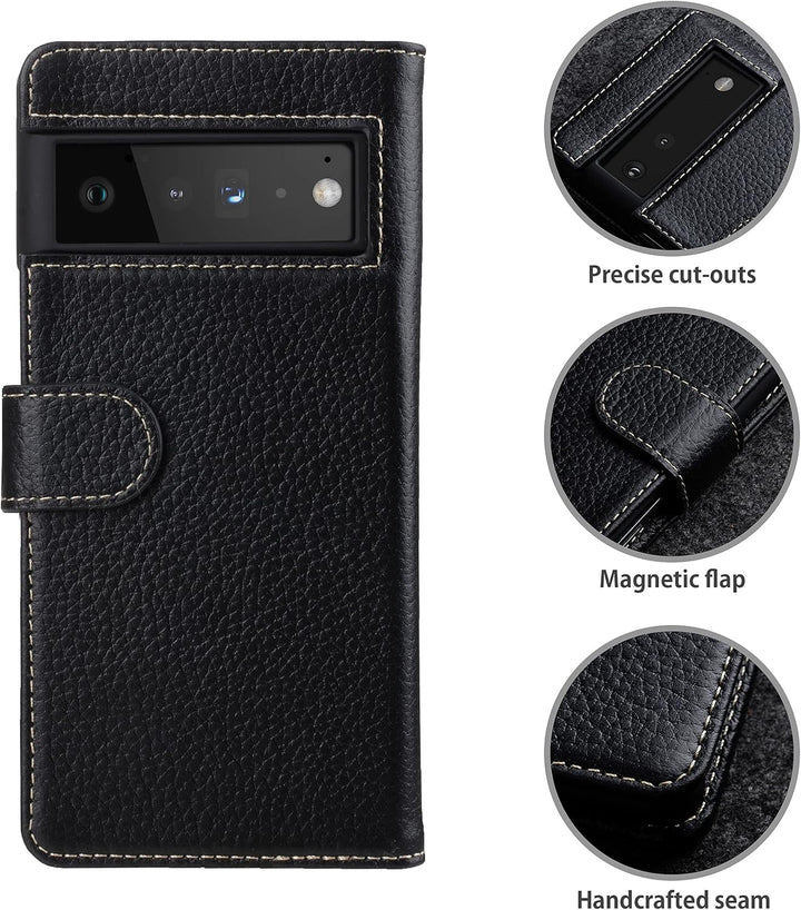 STILGUT Talis kompatibel mit Google Pixel 6 Pro Hülle mit Kartenfach aus Leder, Flip Cover, Wallet C