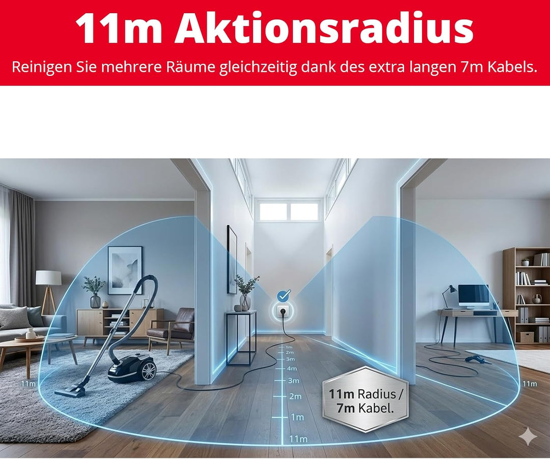 Trisa Staubsauger mit Beutel - 7m Kabel, 11m Aktionsradius, HEPA-Filter & Teleskoprohr - Vacuum Clea