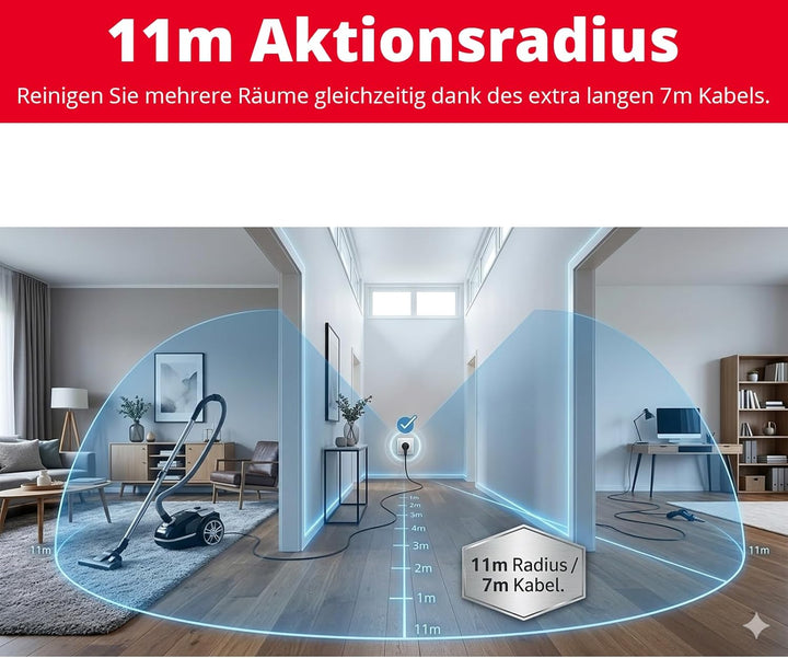 Trisa Staubsauger mit Beutel - 7m Kabel, 11m Aktionsradius, HEPA-Filter & Teleskoprohr - Vacuum Clea