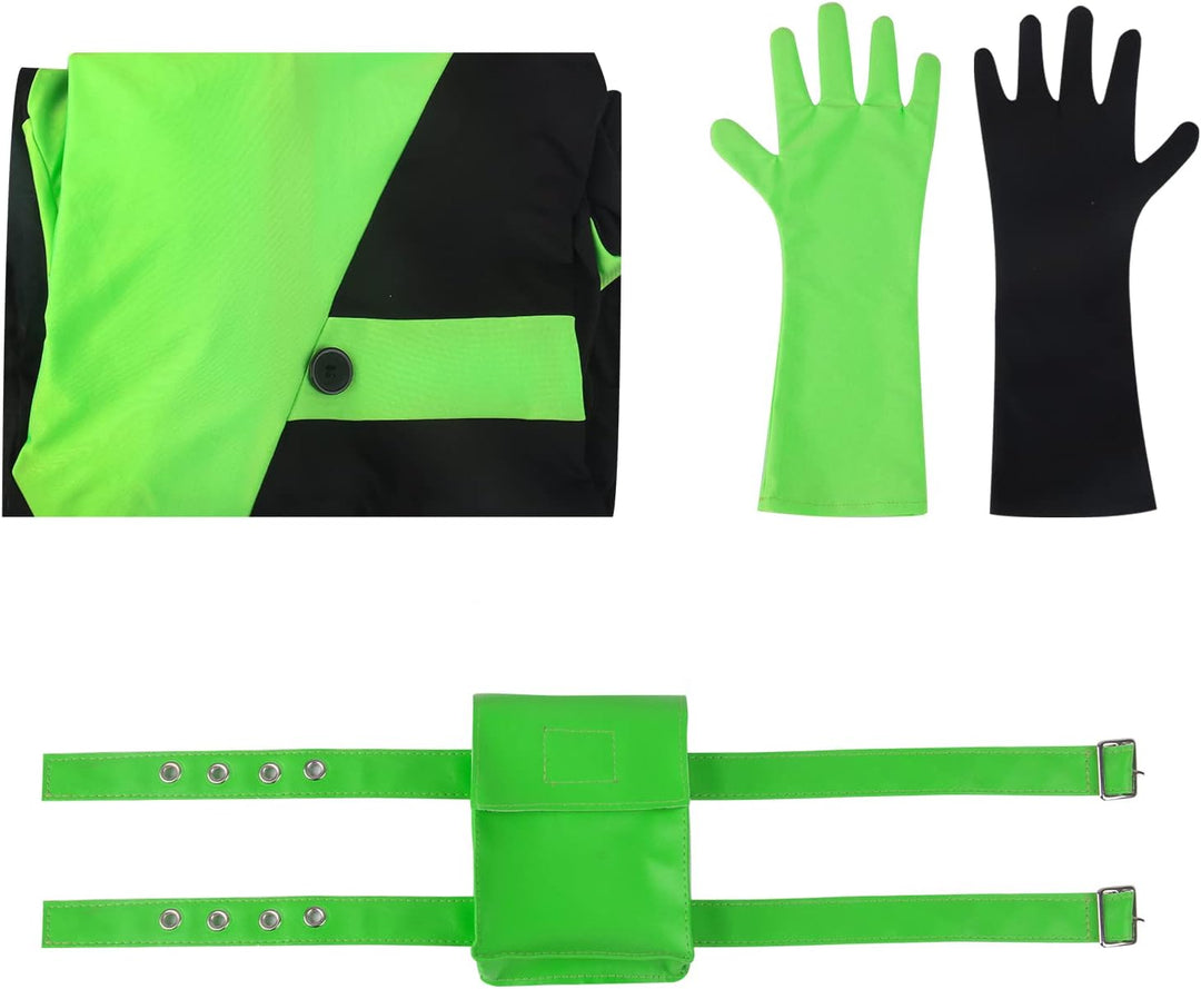 Funhoo Damen Shego Cosplay Kostüm Bodysuit Jumpsuit mit Handschuhen Beinbeutel Grün und Schwarz Frau