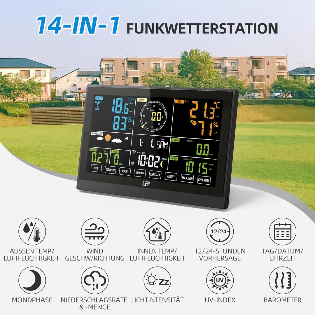 LFF WLAN Wetterstation mit 7in1 Funk Aussensensor, Funkwetterstation mit 7,5-Zoll Digital, Regenmess