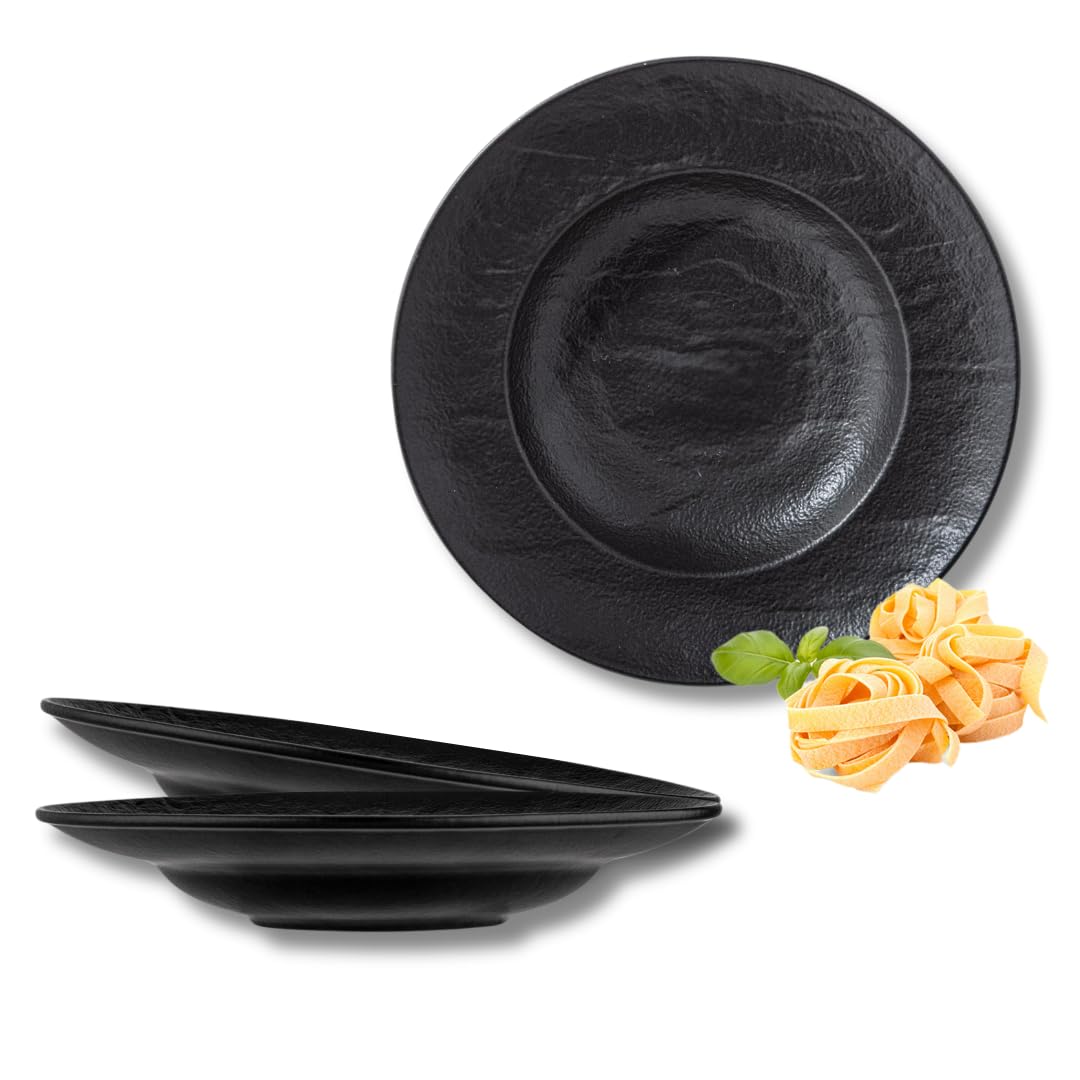 Wilmax | Tiefe Schalen - 2 Stück 25,5 cm / 350 ml | Schwarze Pastateller | Natursteintextur | Für Pa