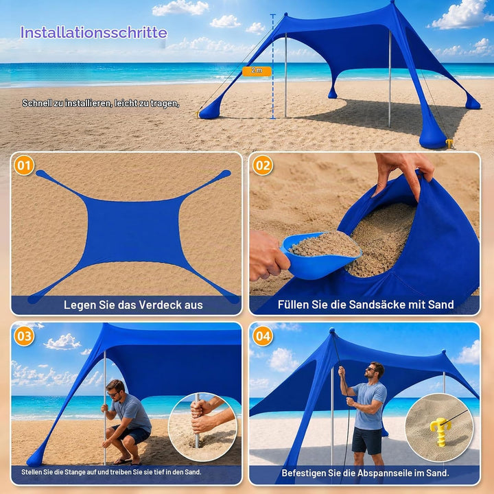 Strandzelt mit Strandmatte, LSF 50+ Hochschutz, 2x2x2m, inkl. Sandanker, Alu-Stangen &amp; Tragetasche,