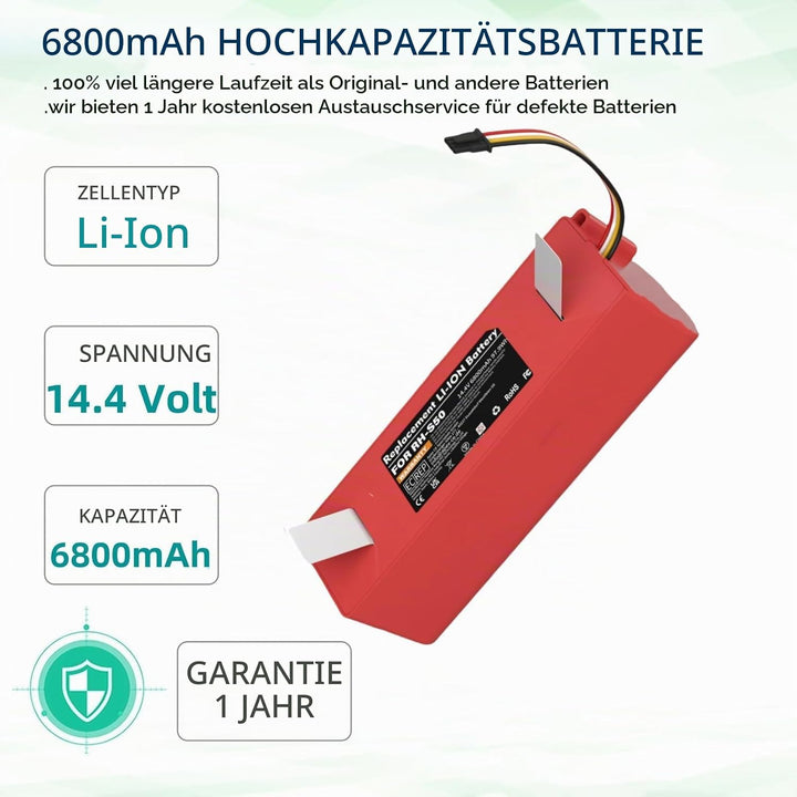 14,4V 6800mAh Li-ion Ersatzakku für Xiaomi Roborock S7 S5 S5 Max S50 S6 Roborock s51 s502-00 Roboter