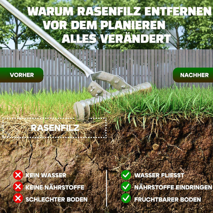 2in1 RasenRakel Edelstahl 80x30cm + vertikutierer Hand Rasen rake | Nivellierrechen mit stiel egalis