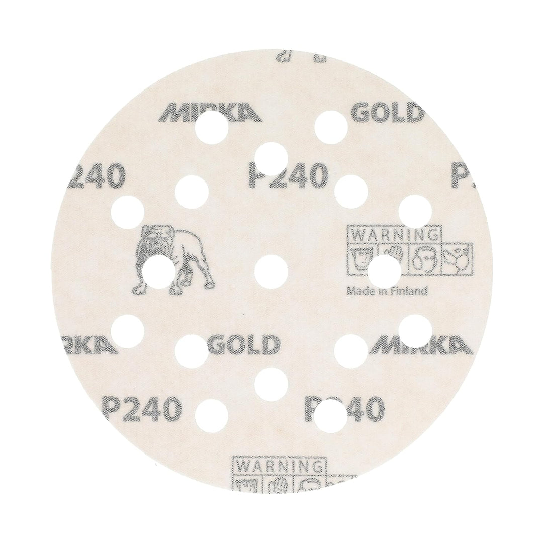 Mirka Gold Universal-Schleifpapier Ø 125mm Klett 17-Loch, Korn P240, 100 Stk / Zum Schleifen von Gip