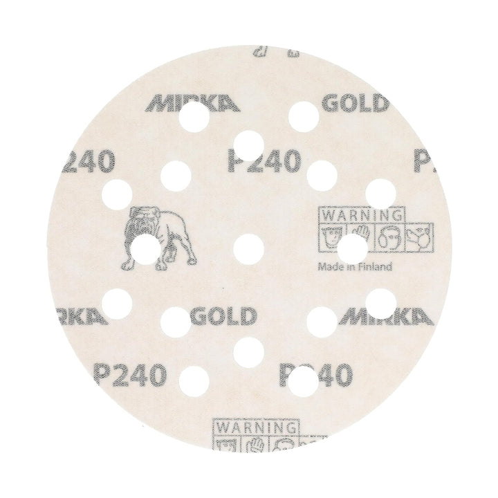 Mirka Gold Universal-Schleifpapier Ø 125mm Klett 17-Loch, Korn P240, 100 Stk / Zum Schleifen von Gip