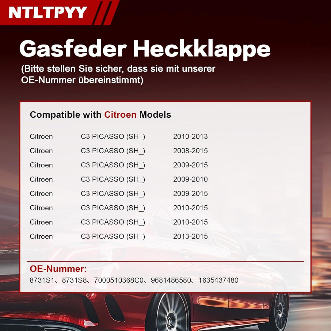 2pcs Gasdruckfeder kompatibel mit Citroen C3 Picasso 2008-2015, Exakte 440N Heckklappendämpfer für s
