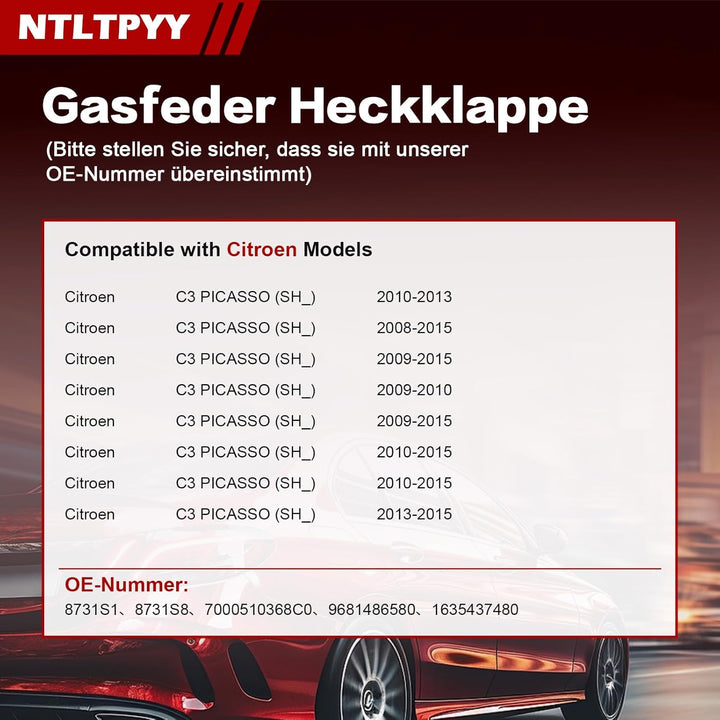 2pcs Gasdruckfeder kompatibel mit Citroen C3 Picasso 2008-2015, Exakte 440N Heckklappendämpfer für s