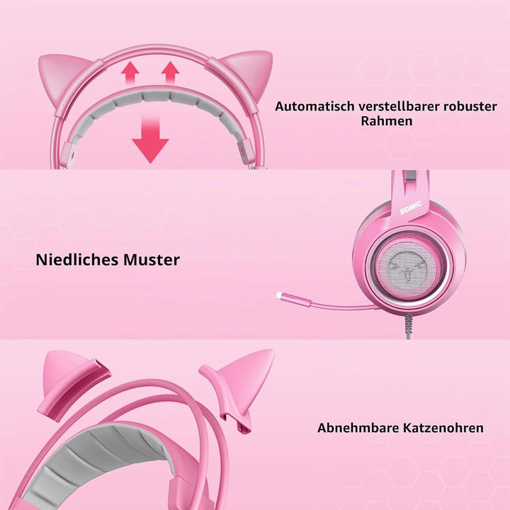 Somic G951S Rosa Gaming-Headset mit Mikrofon, Mädchen Frauen Rosa Katze Ohr-Kopfhörer mit 3,5-mm-Kab