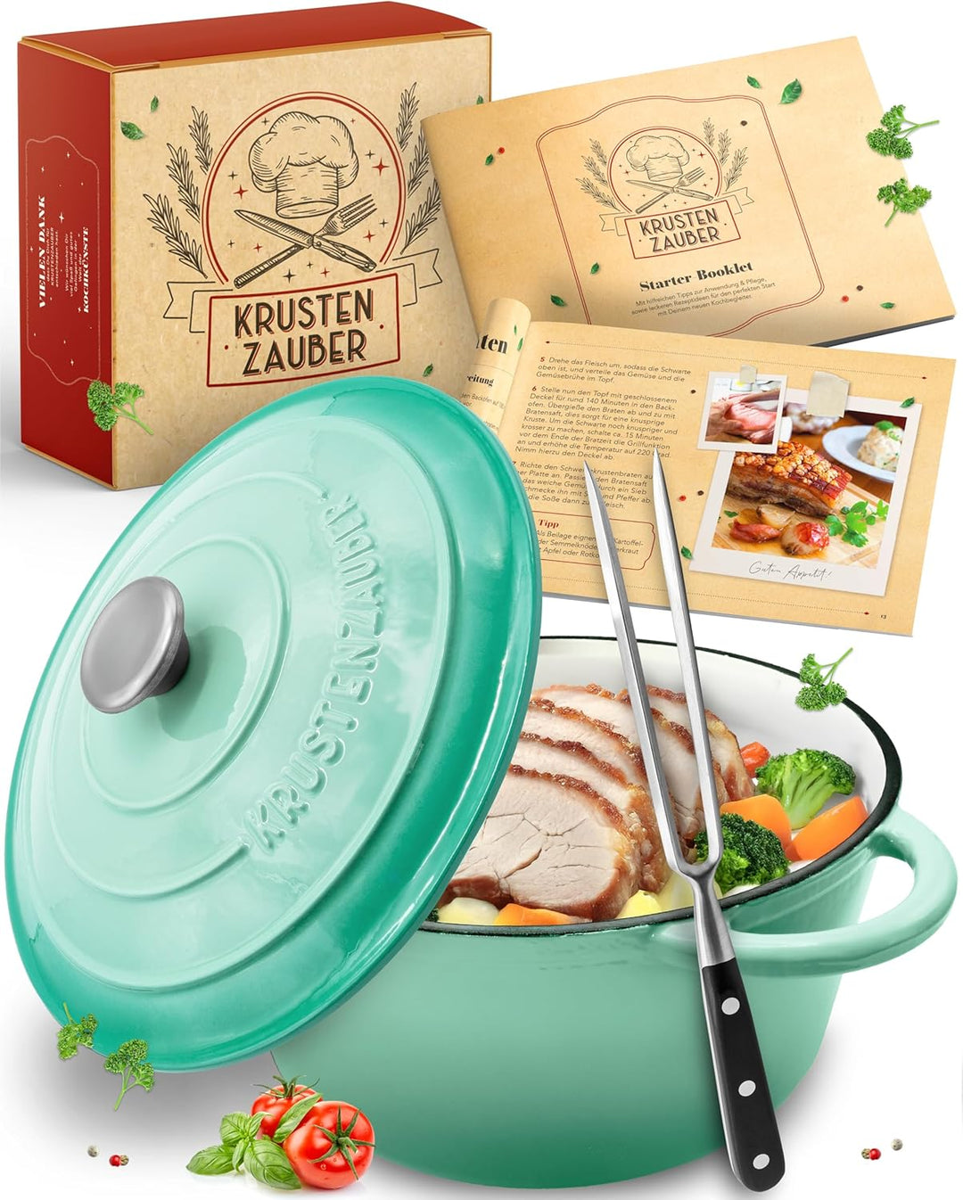 KRUSTENZAUBER Gusseisen Topf [inkl. Fleischgabel] - Hochwertiger 24cm Schmortopf backofengeeignet -