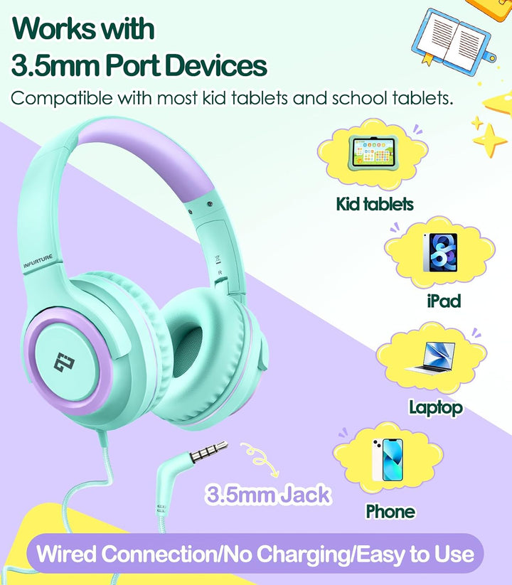 INFURTURE CH1 Kinder Kopfhörer, Kabel Kopfhörer für Kinder, Verstellbares Stirnband, Stereo Sound, F