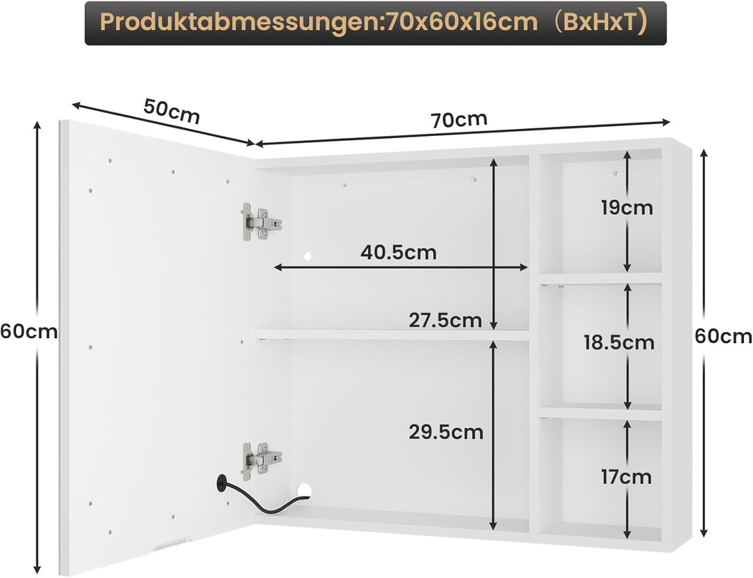 DICTAC Spiegelschrank Bad mit LED Beleuchtung 70x60x16cm Einzeltür Badezimmer spiegelschrank mit Ein