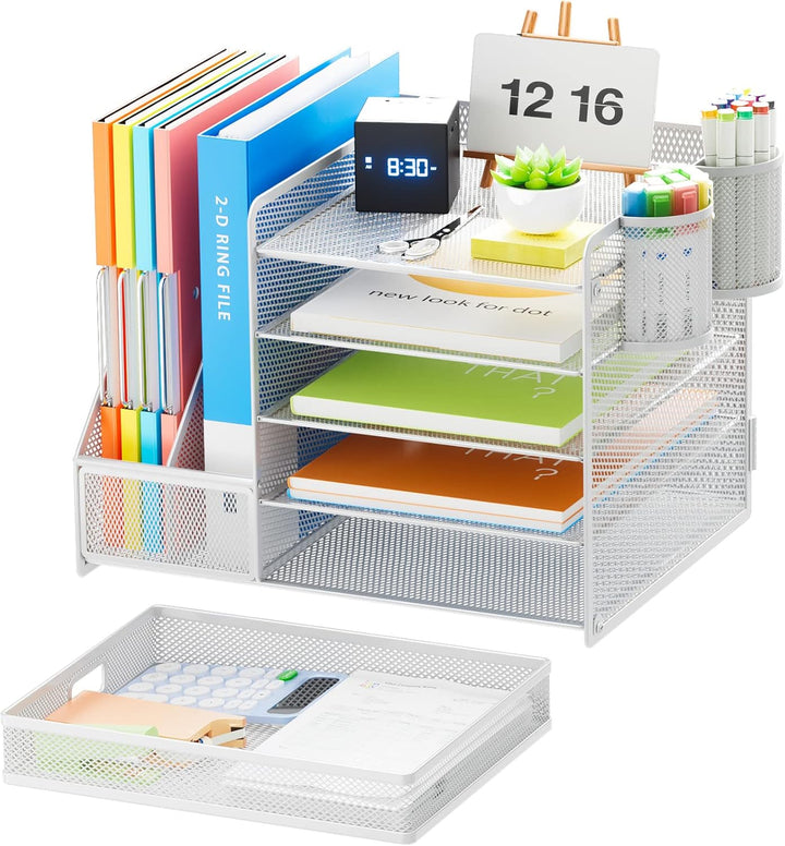 Marbrasse Schreibtisch Organizer mit Aktenhalter, 5 Ebenen Papier Briefablage mit Schublade und 2 St