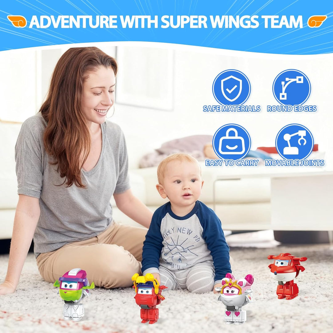 Super Wings 2 inch Verwandlungsspielzeug 4er Pack, Jett, Curie, Runi und Sara, Flugzeug Spielzeug Fa
