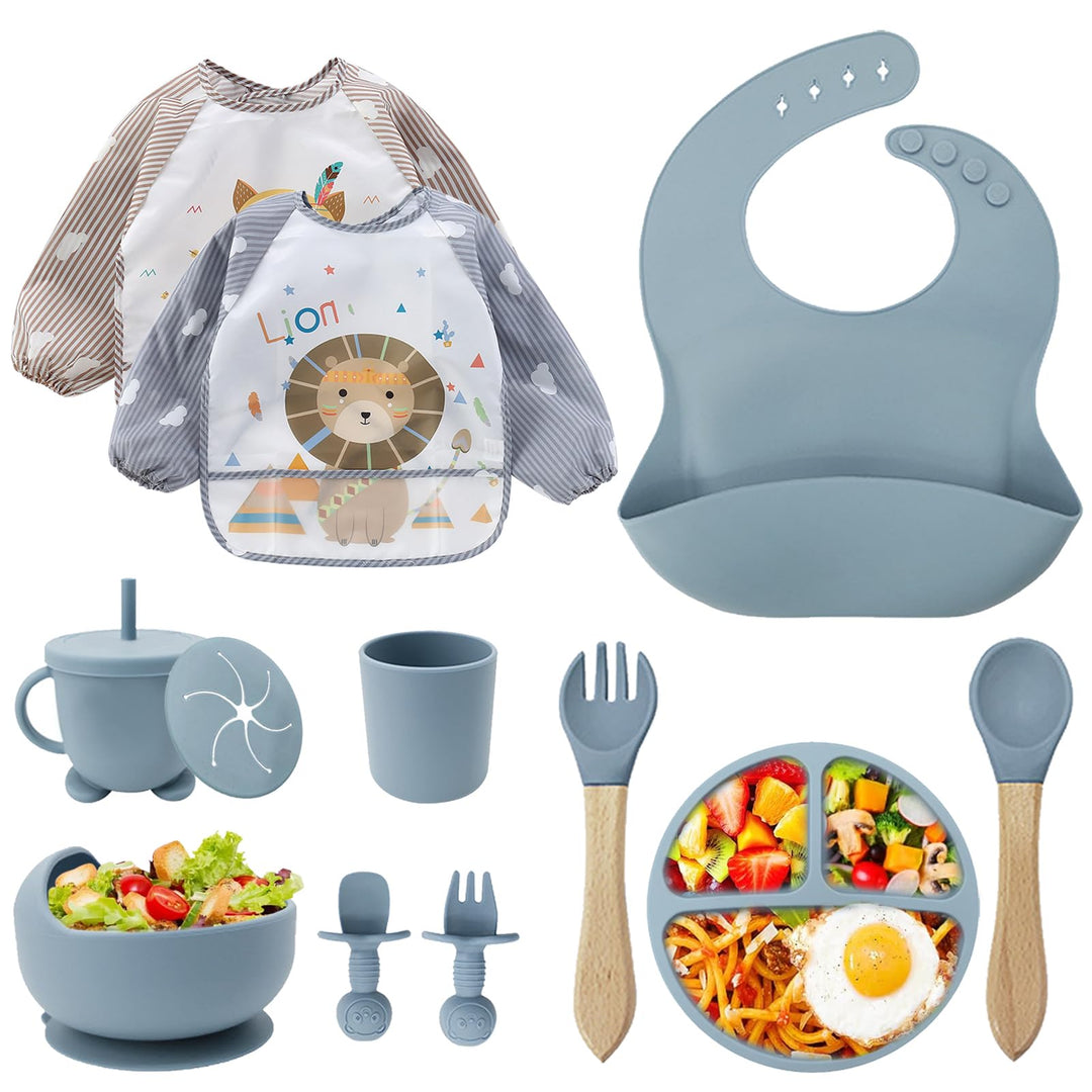 Baby Geschirrset,12er Set Kindergeschirr, Babylöffel,Trinklernbecher,Silikon Lätzchen,Baby Teller Ki